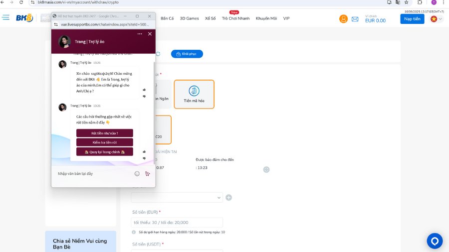 Dịch vụ hỗ trợ khách hàng khi rút tiền BK8
