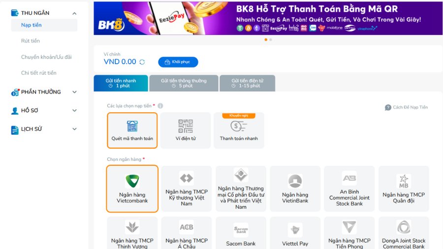Giới thiệu chung về nạp tiền tại BK8
